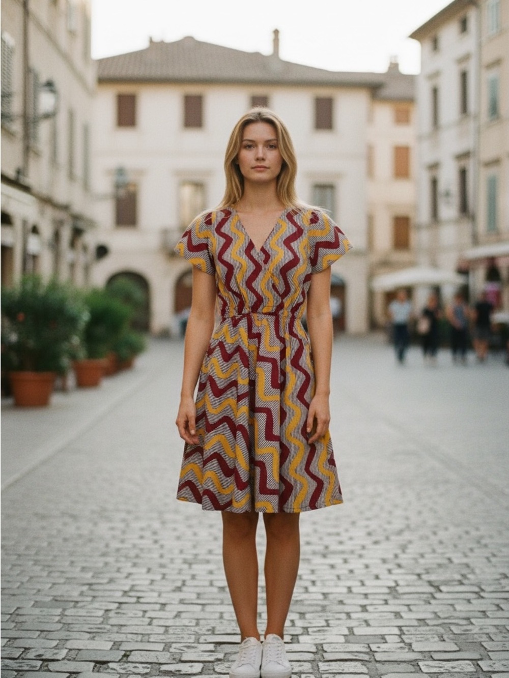 Chevron V-Neck Midi Dress in Burgundy & Mustard
